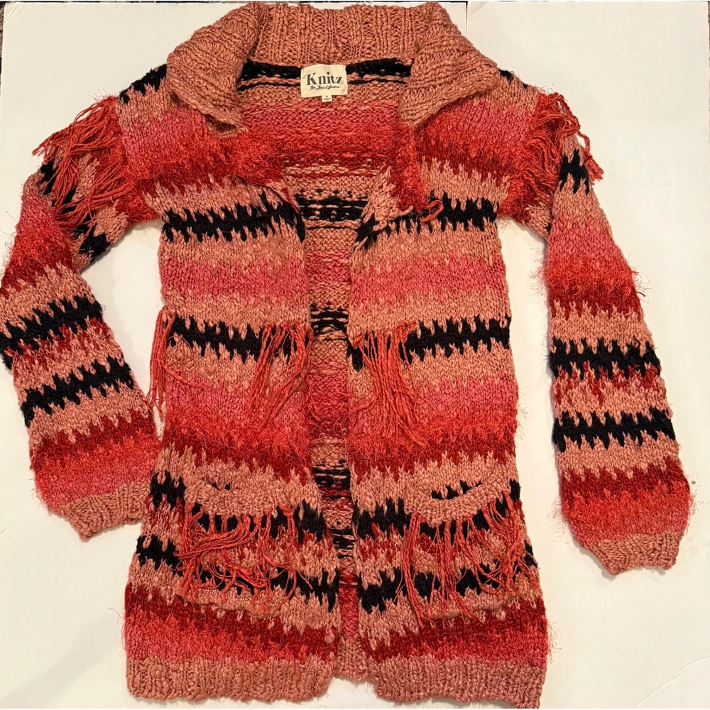 Knitz For Love & Lemons Fringe Cardigan Red Pink Southwestern Small